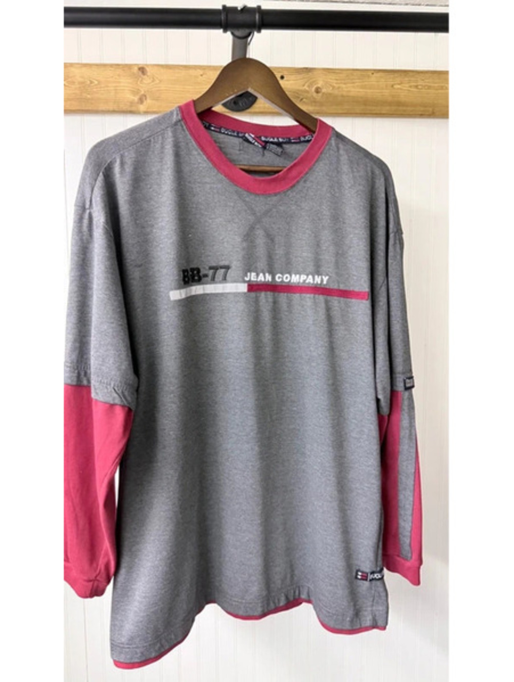 vintage Bugle Boy BB-77 long-sleeve gray red shirt large Y2K retro streetwear
